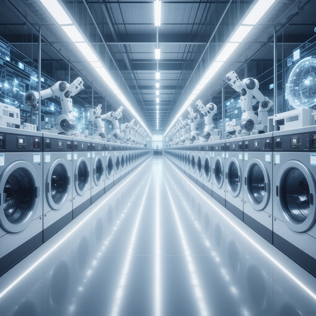 High-tech laundry facility in Tampa with blockchain data visualization and AI robotic sorting