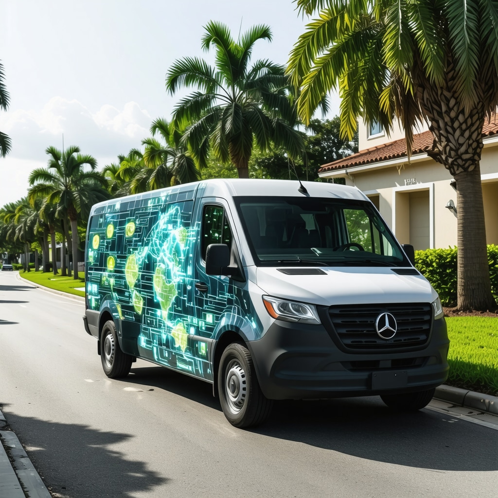 Laundry pickup van with IoT sensors and GPS tracking in Tampa neighborhood
