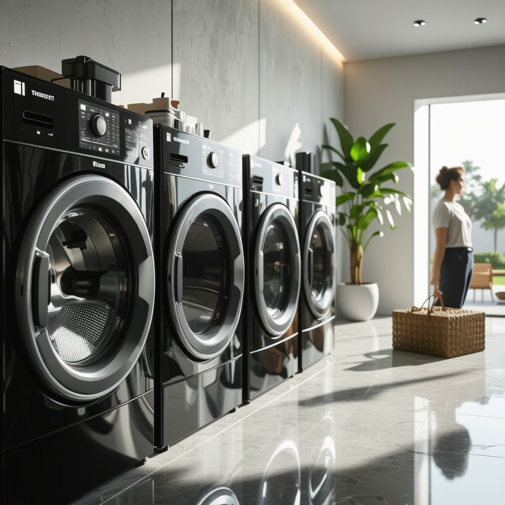 Smart laundry machines connected to AI systems with eco-friendly packaging in Tampa urban setting