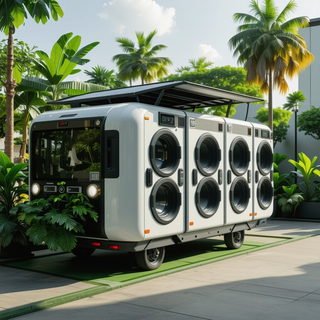 Eco-friendly laundry delivery van with solar panels and IoT-enabled washing machines in urban community setting