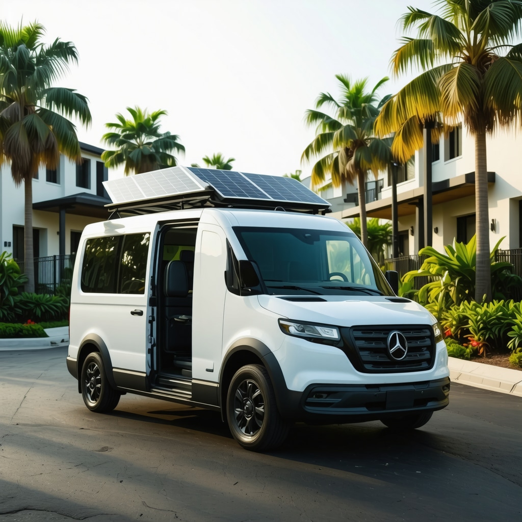 Eco-friendly laundry pickup van with solar panels and digital blockchain interface in a Tampa smart home neighborhood