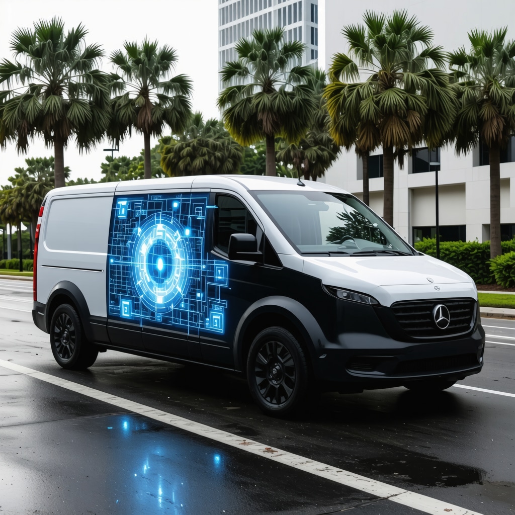 Laundry pickup van showing digital route optimization and blockchain data overlays in Tampa Bay cityscape