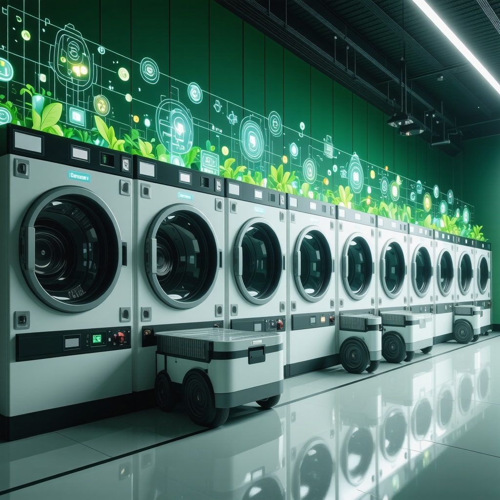 AI fabric analysis, blockchain transparency, and electric delivery vehicles in advanced laundry service