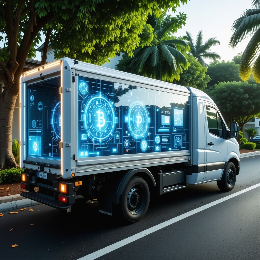 Illustration of luxury laundry pickup using advanced quantum computing, AR interfaces, and blockchain technology in Palm Harbor