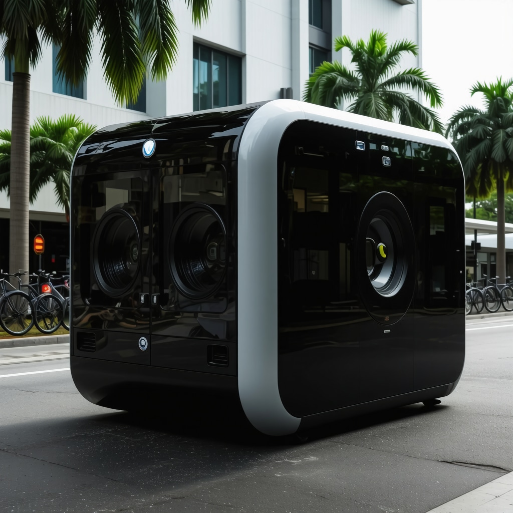 Autonomous delivery vehicles and e-bike couriers operating from a modern laundry micro-hub in Tampa city