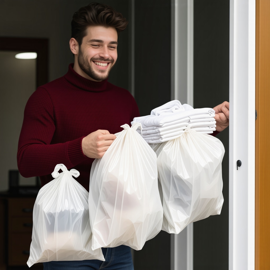 Person receiving folded laundry bags at their home doorstep with a smile