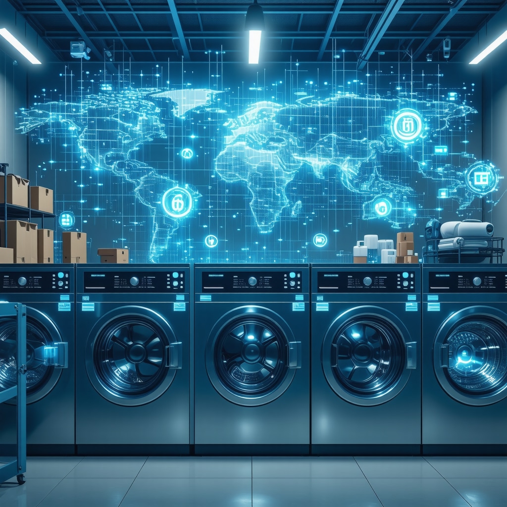 Laundry facility with IoT sensors and blockchain digital interface showing advanced technology integration