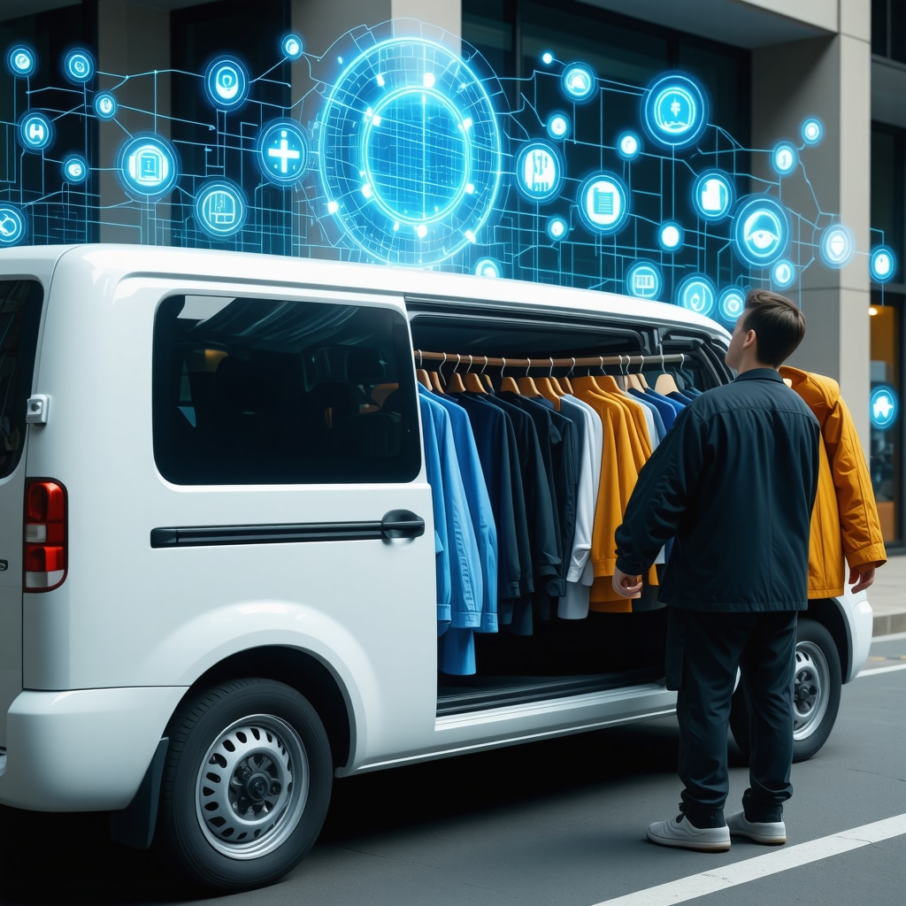 Dry cleaning delivery van showcasing IoT sensors and blockchain technology visualization