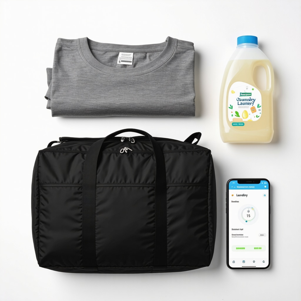 Gym bag with activewear, eco-friendly detergent bottles, and smartphone showing laundry pickup app