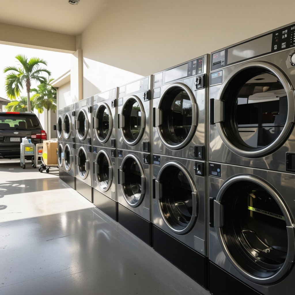Modern laundry facility with eco-friendly detergents and delivery van in Palm Harbor