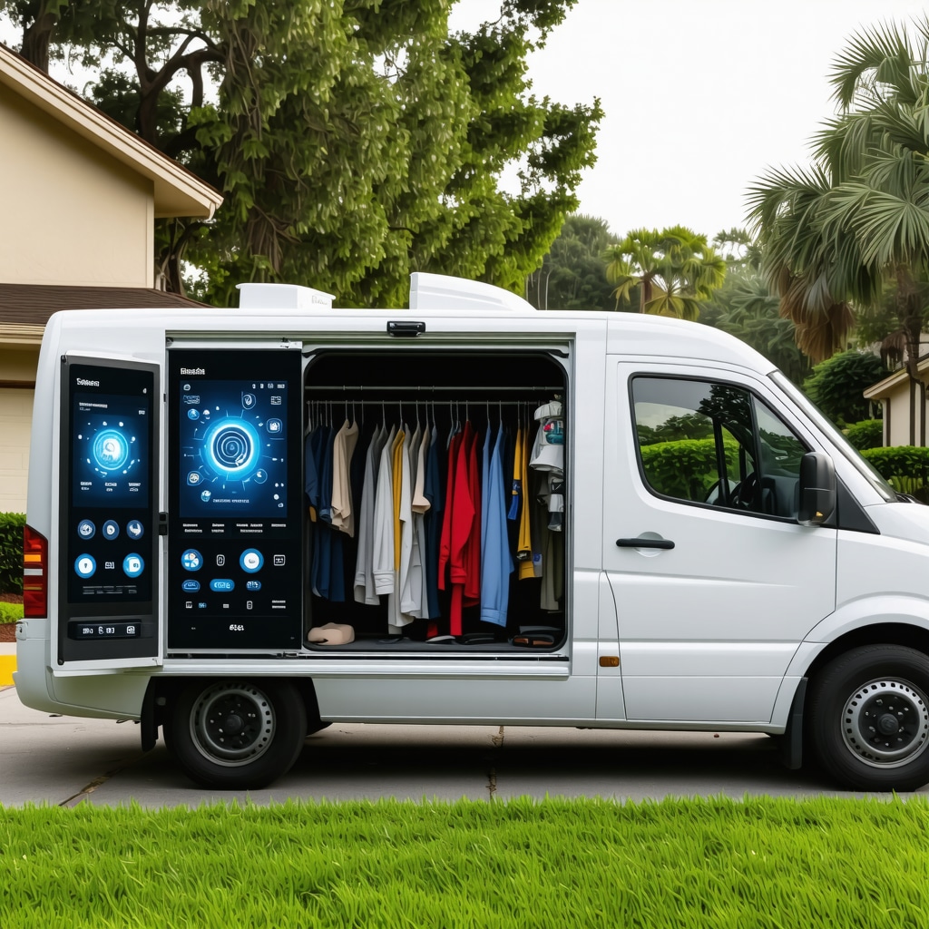 Laundry delivery van featuring IoT sensors and AI data interfaces in Carrollwood neighborhood