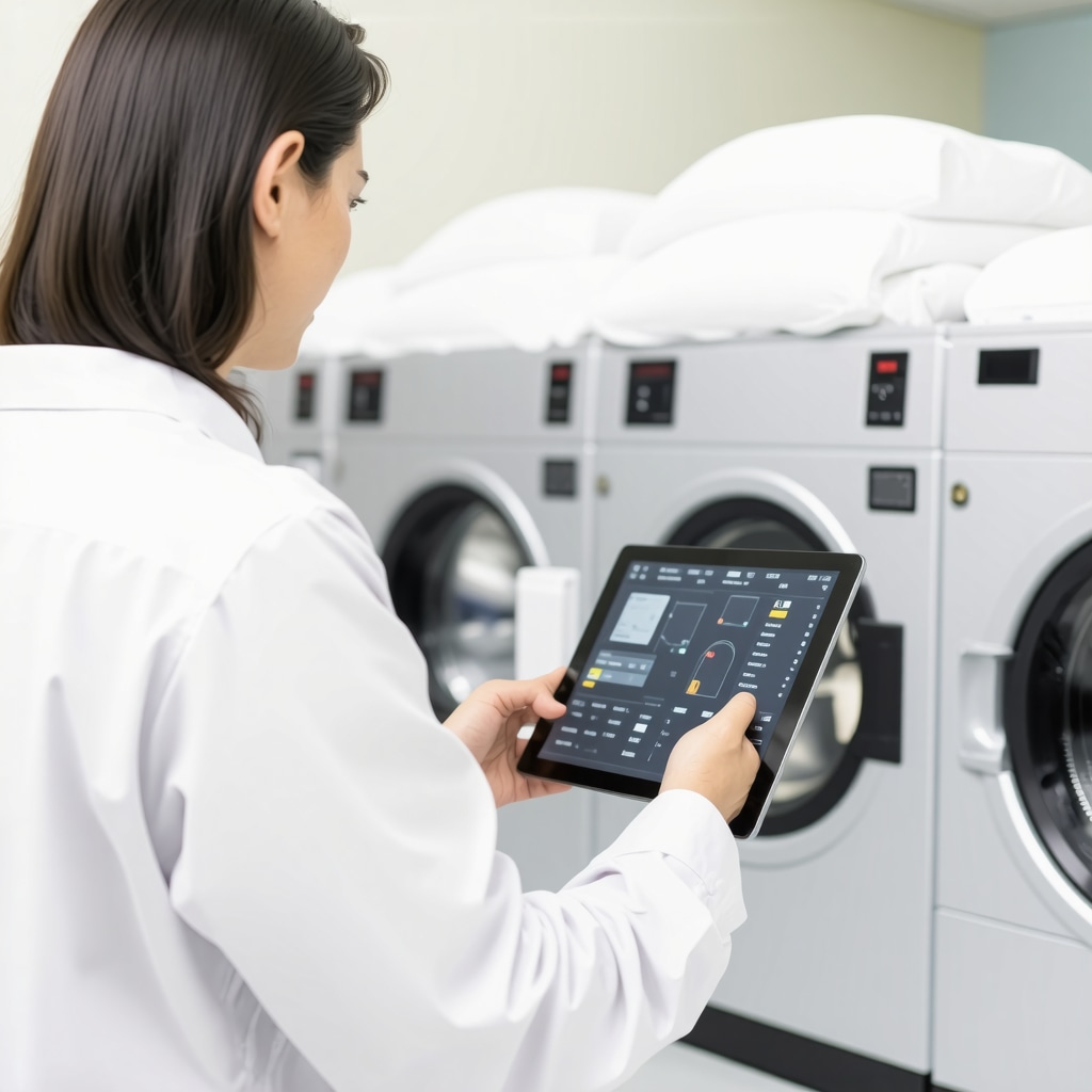 Laundry staff monitoring AI and IoT systems for smart fabric and bulk event laundry in a modern facility