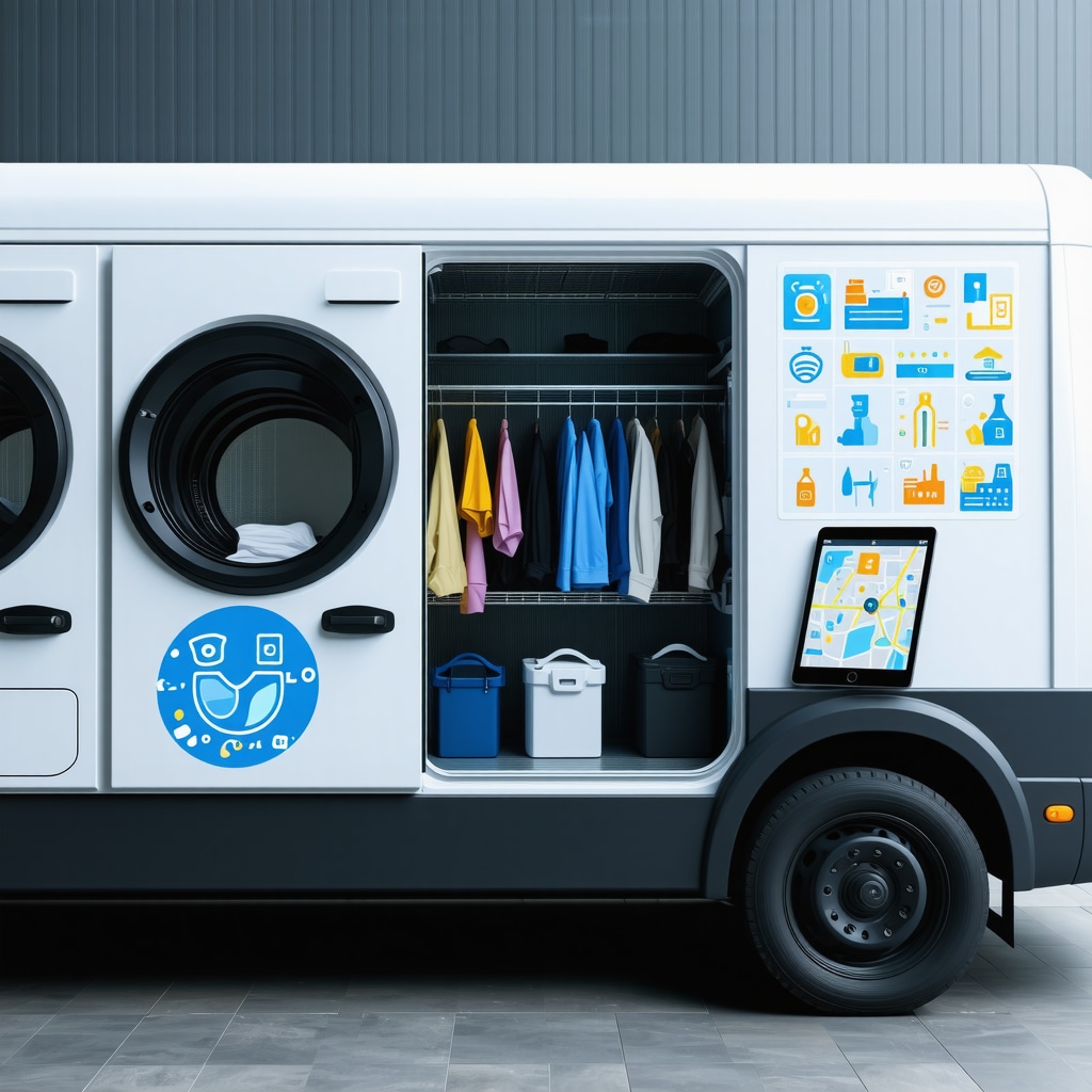 Laundry pickup van with digital technology icons and water filtration system representing advanced professional laundry services