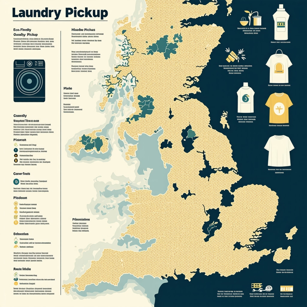 City map infographic displaying laundry pickup pricing variations and icons for eco-friendly detergents and specialized garment care