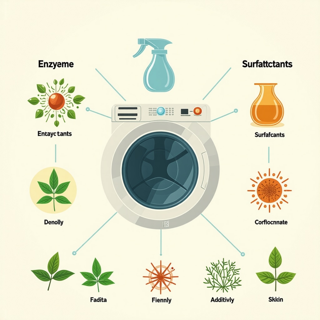 Diagram illustrating enzymes, surfactants, and eco-friendly additives in laundry detergents with icons for sensitive skin and environmental care