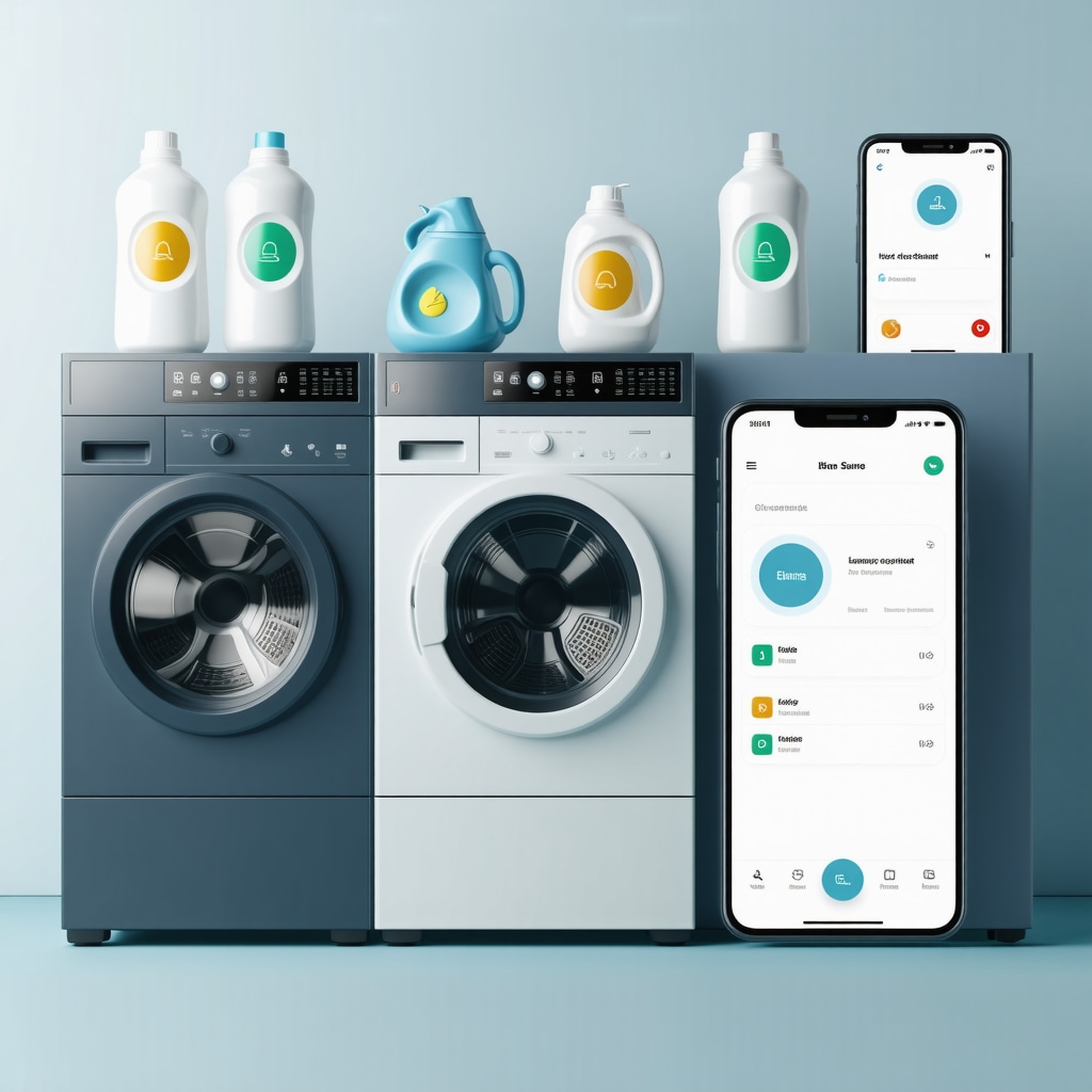 Infographic depicting AI laundry sorting, eco-friendly detergents, and smart home laundry apps