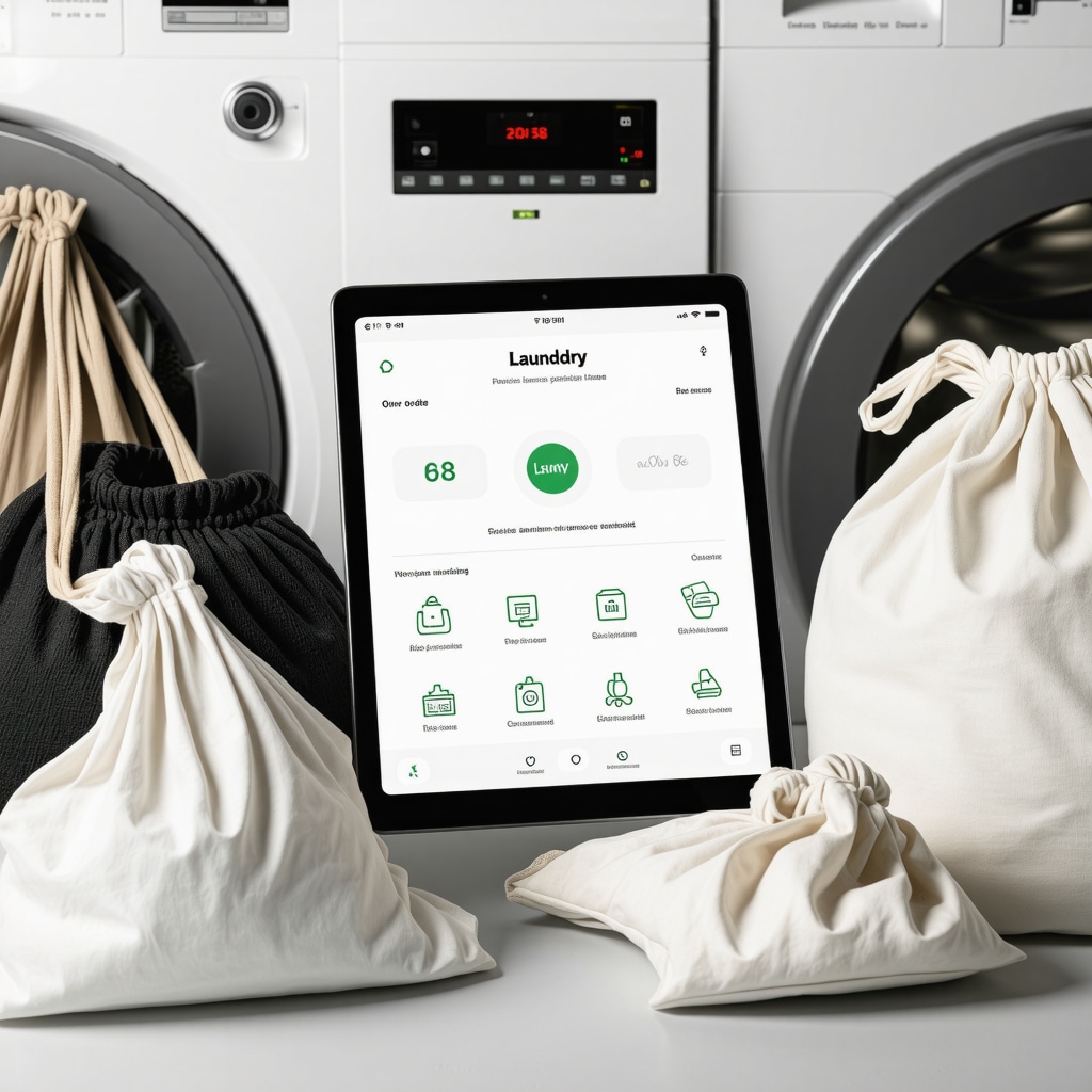 Tablet screen with real-time laundry order tracking, fabric care options, and customer feedback interface in an eco-friendly laundry service setting.