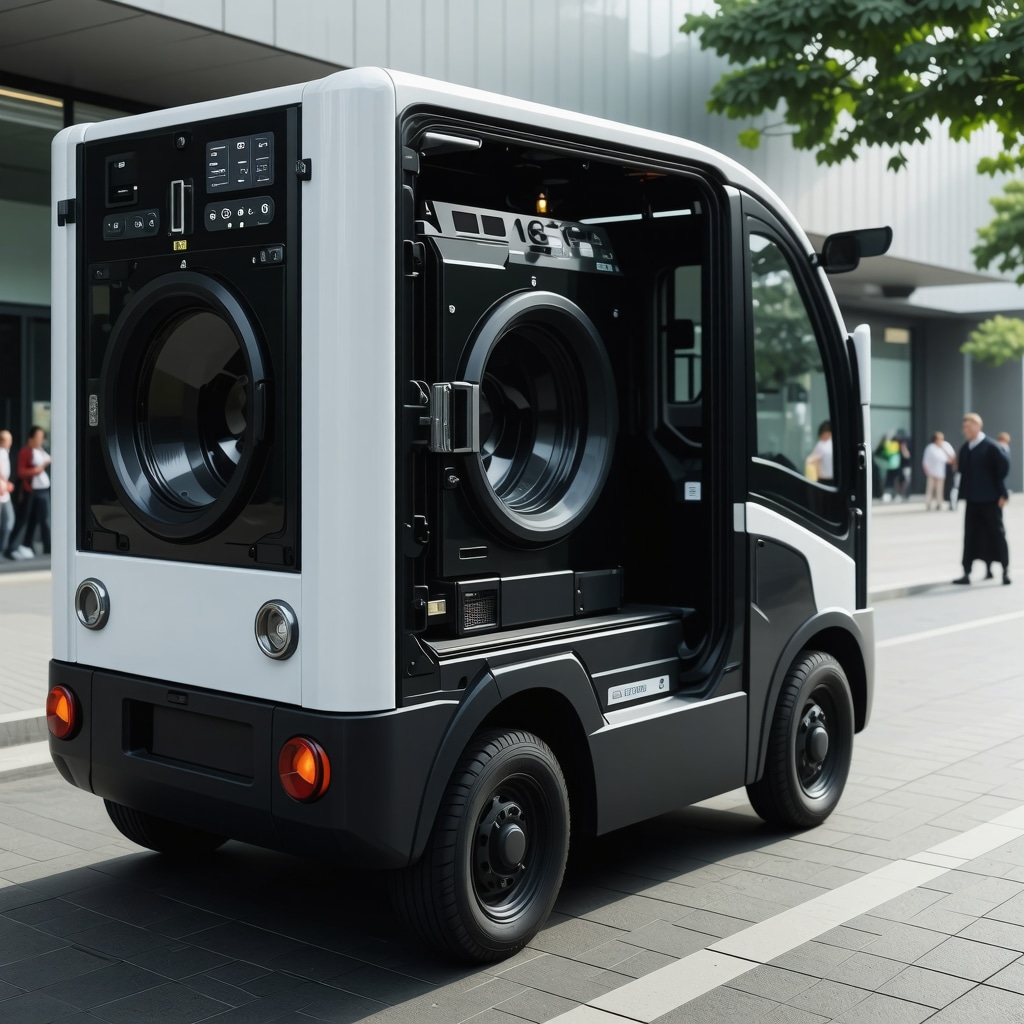 Smart laundry pickup vehicle with IoT sensors displaying sanitation data on digital dashboard
