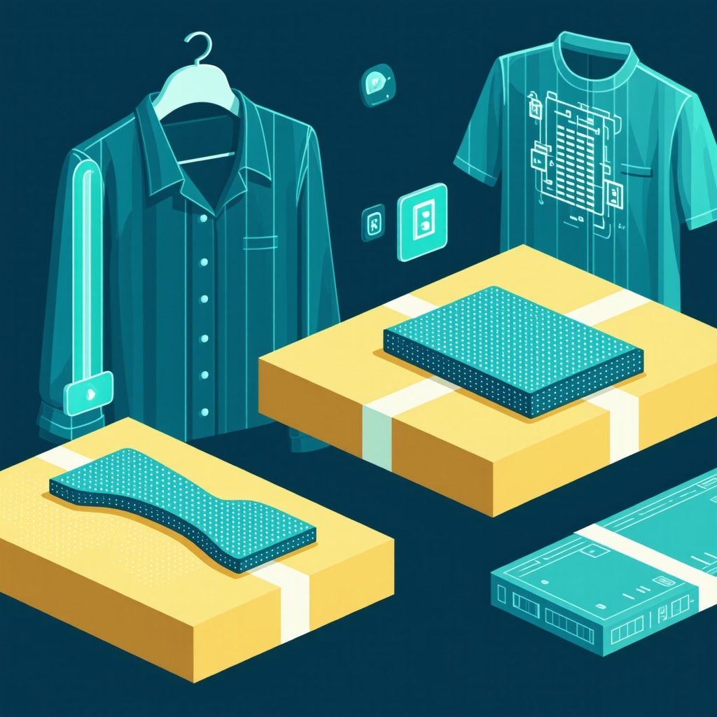 Diagram showing IoT sensors inside garment packaging tracking environmental factors during pickup and delivery