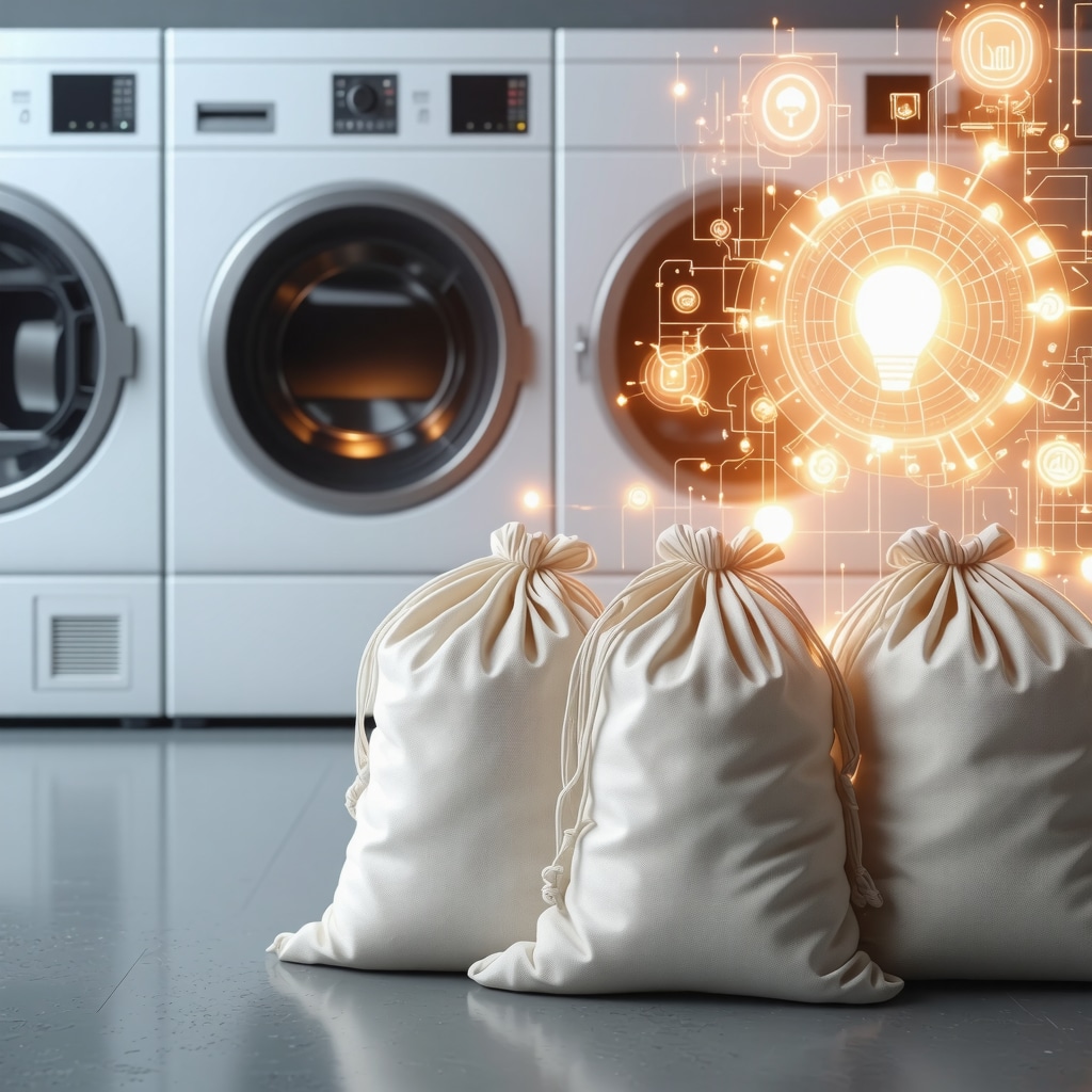 Laundry bags equipped with IoT sensors and a digital blockchain interface overlay depicting service transparency and tracking