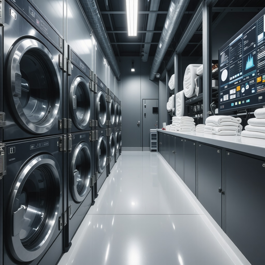 Digital dashboard showing real-time linen tracking with IoT and RFID in a professional laundry facility