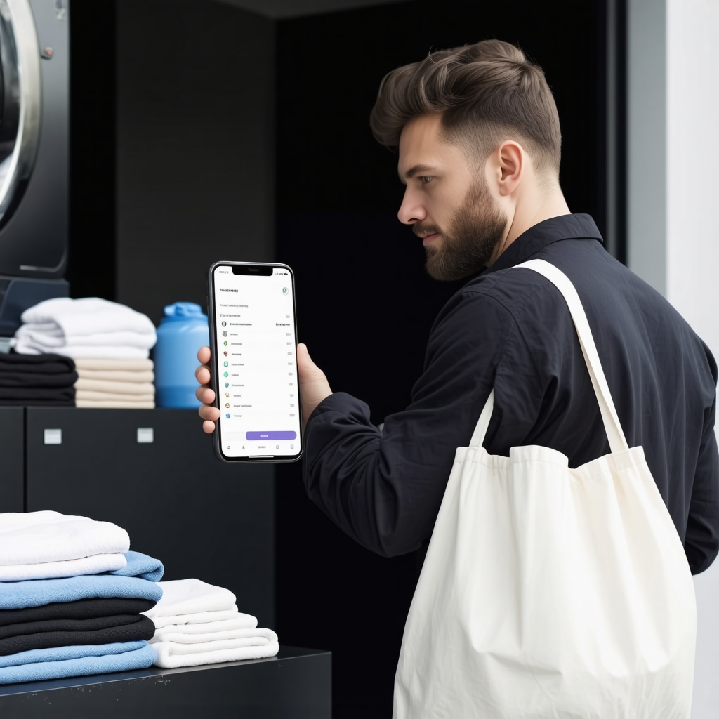 Laundry technician scheduling eco-friendly pickup with allergy-free detergents and folded clothes in reusable bags