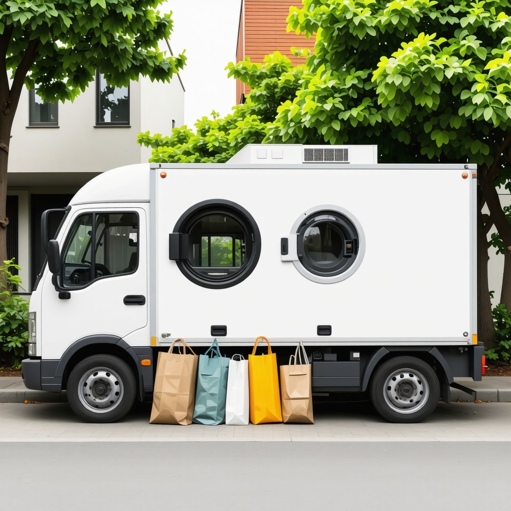 Mobile laundry van with smart technology displays and eco-friendly reusable laundry bags in an urban setting
