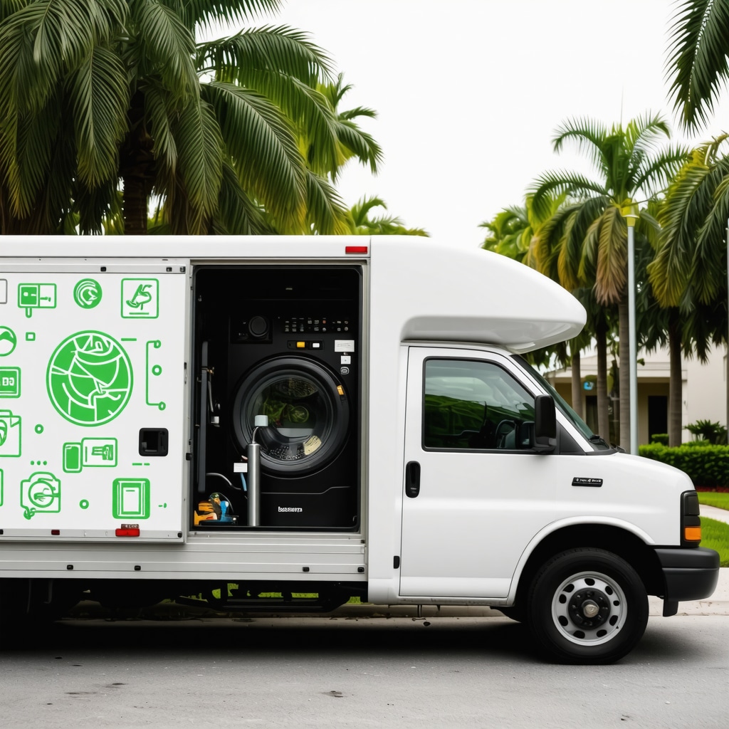Laundry pickup van with smart technology icons in Tampa neighborhood