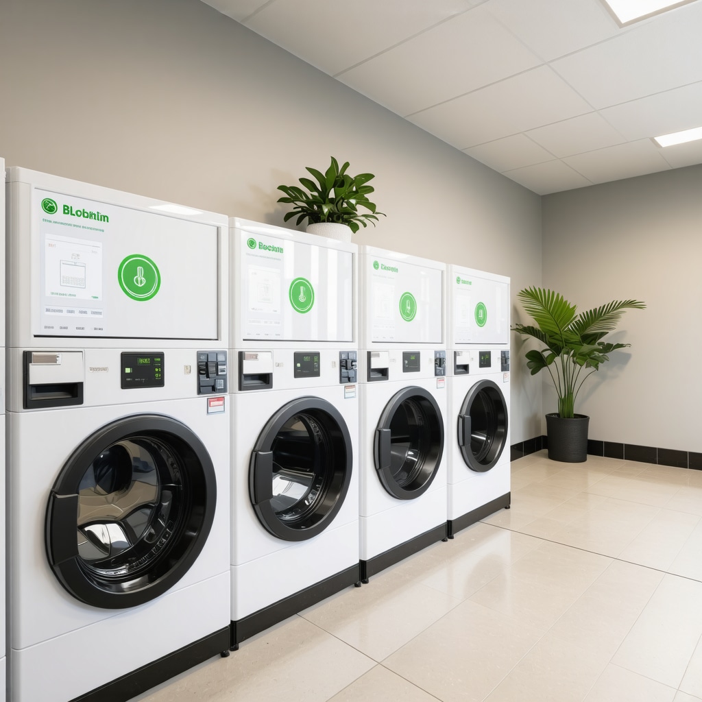 Laundry facility showing ozone laundry equipment and blockchain tracking screens for vacation rental laundry services