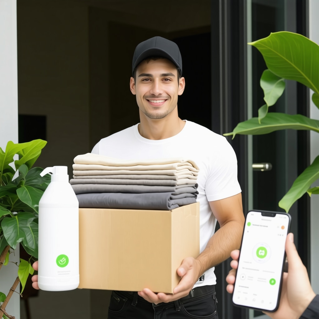 Laundry delivery professional handing folded clothes with eco-friendly detergent and smartphone app interface