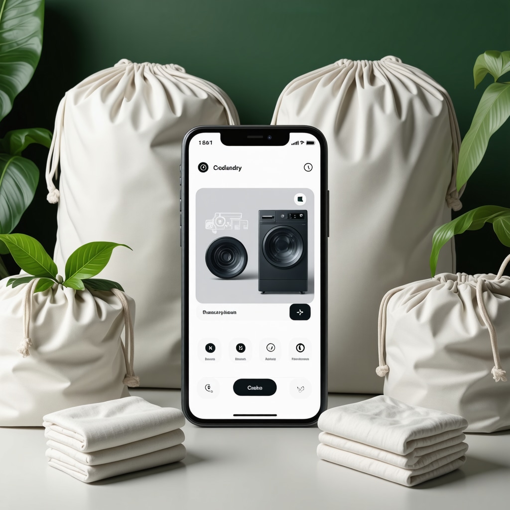 Smartphone displaying laundry service app with tracking, reusable laundry bags, and fabric care tools
