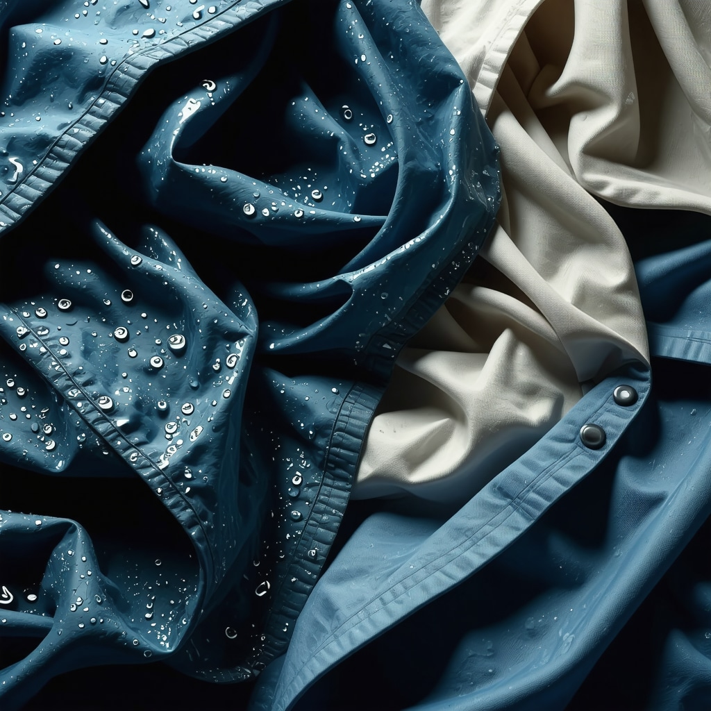 Illustration of nanotechnology coating on textile fibers repelling water and stains in laundry