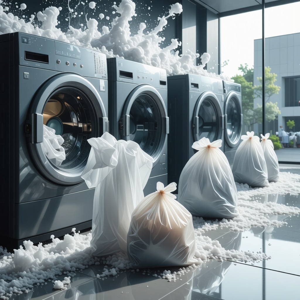 Illustration of nanotech cleaning agents with blockchain and smart campus shuttle in laundry service