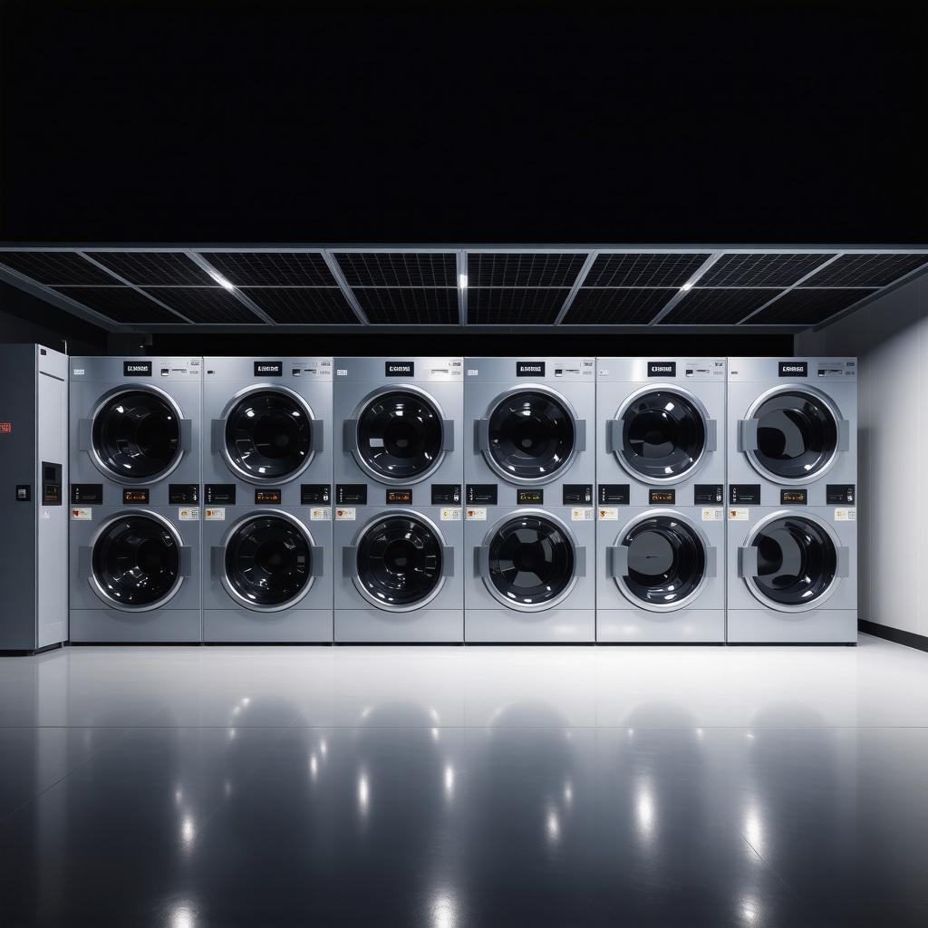 Laundry facility operating at night with solar panels and IoT-enabled machines showcasing advanced technology and sustainability