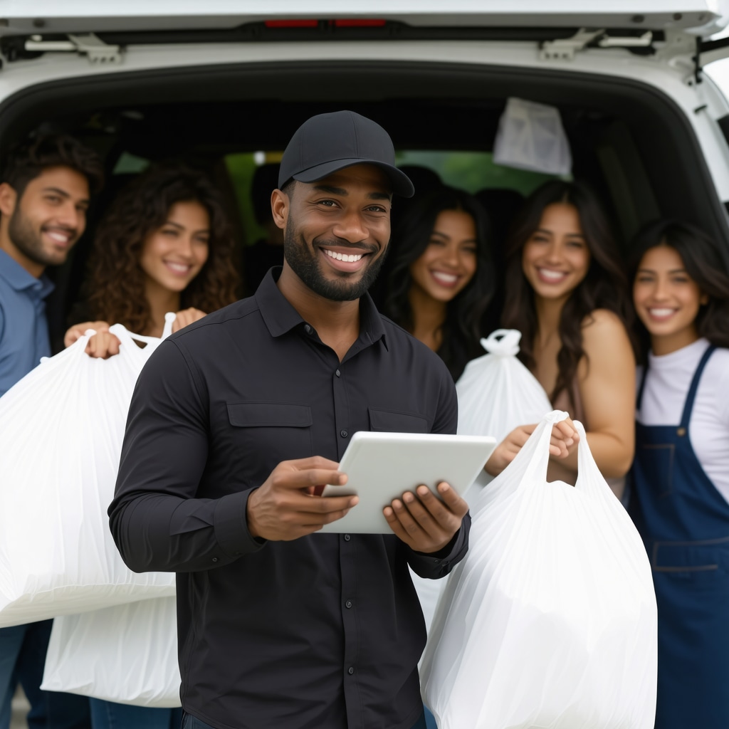 Laundry delivery driver using tablet for scheduling and customers receiving eco-friendly laundry packages