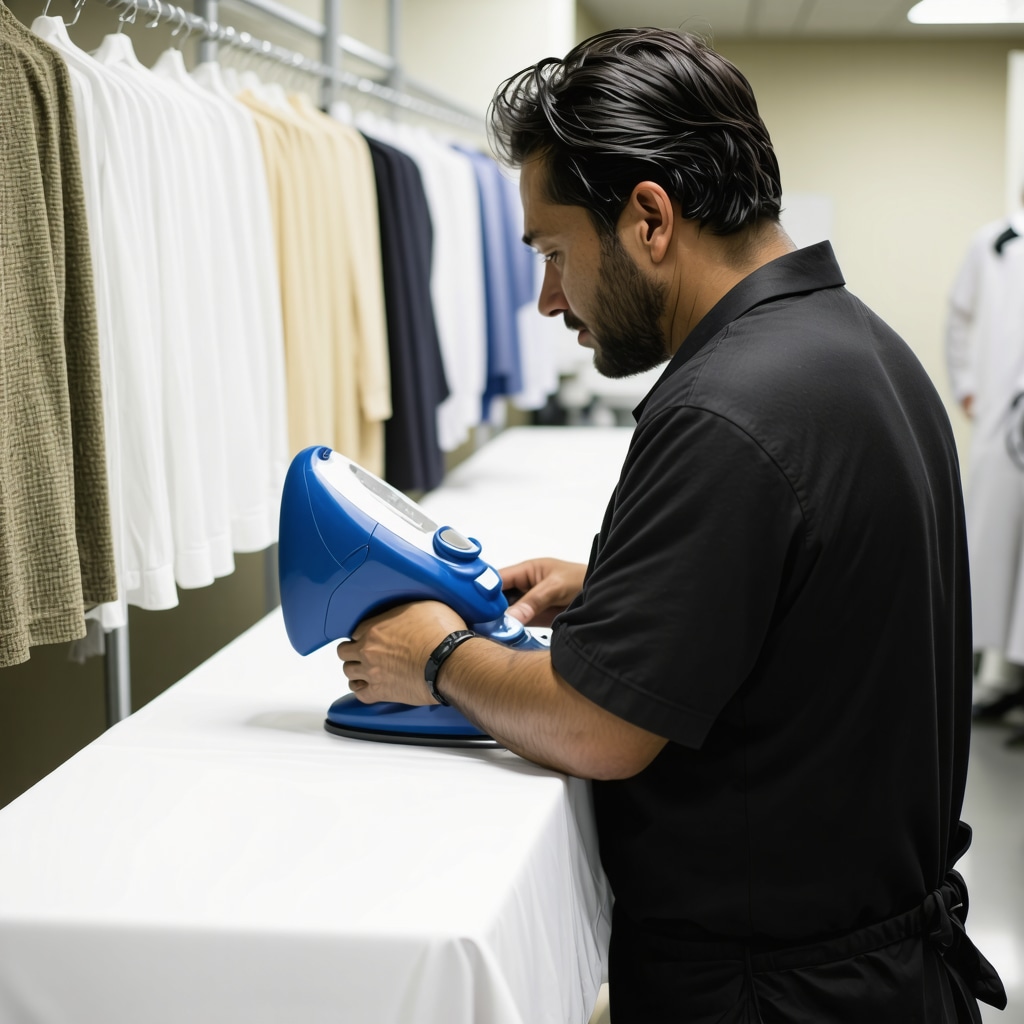 An expert ironing technician pressing various fabric types with commercial steam equipment in a Palm Harbor facility