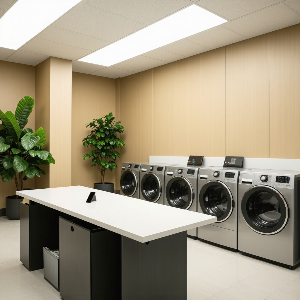 Professional using smartphone app to schedule laundry pickup in Tampa office