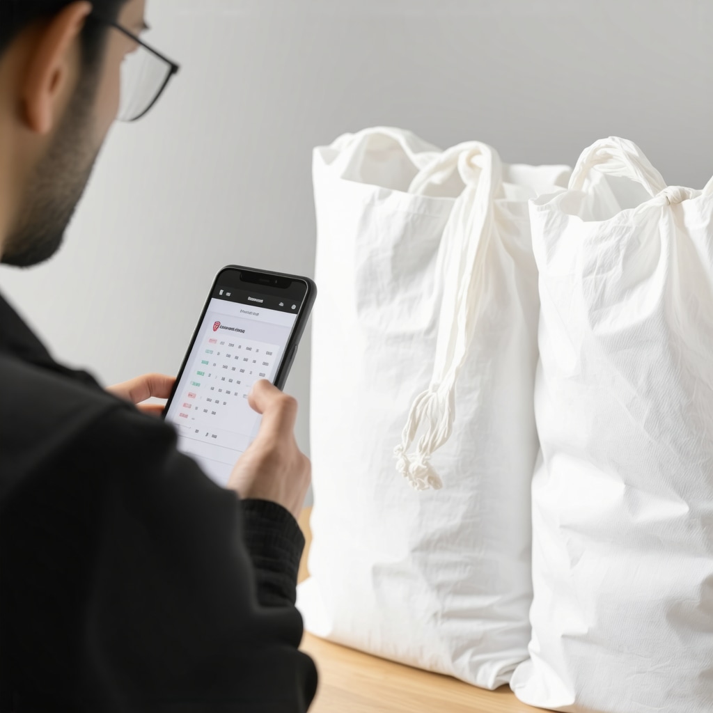Person scheduling laundry pickup on smartphone with clean folded laundry bags