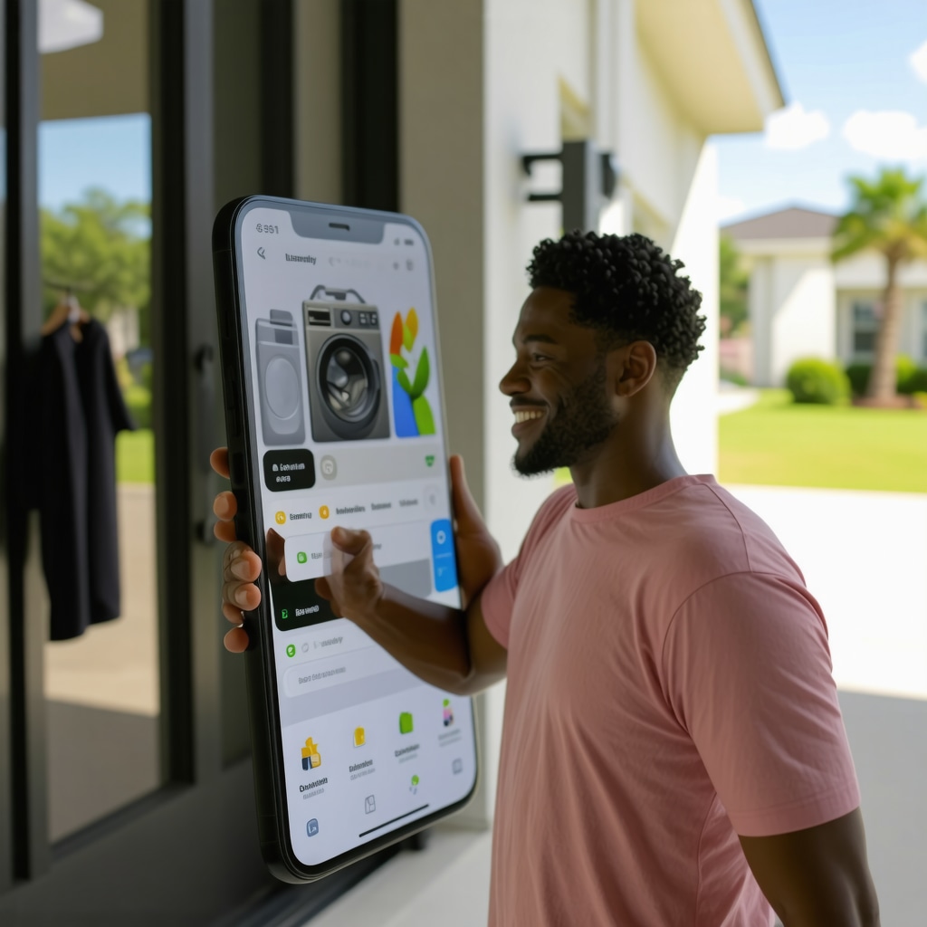 Smartphone displaying real-time tracking of eco-friendly same day laundry delivery with customer receiving laundry bag at home in Tampa