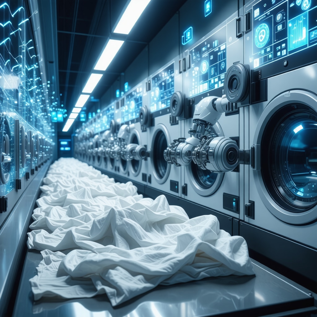 Robotic arms folding delicate fabrics with AI recognition and blockchain verification icons in a modern laundry service environment