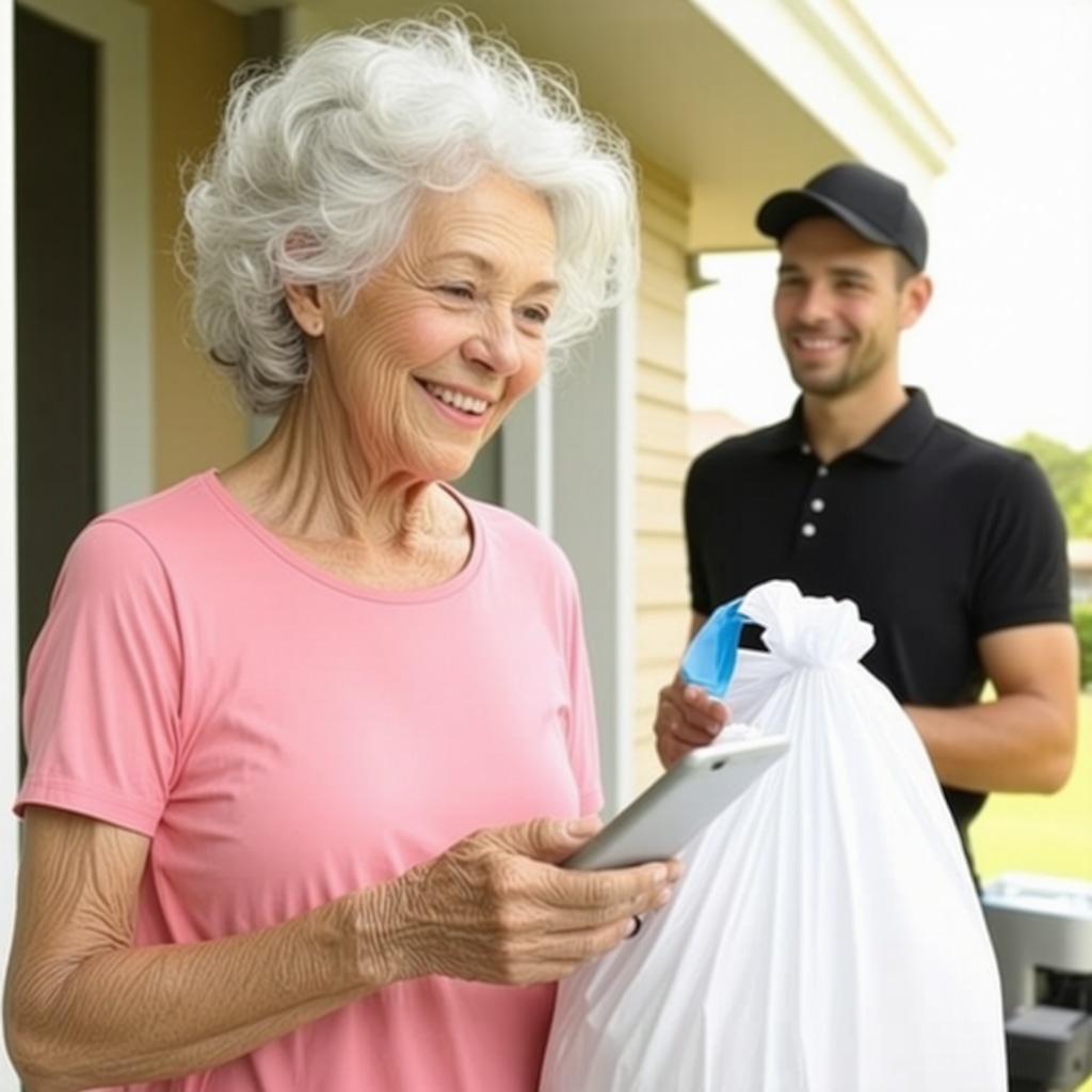 Senior woman scheduling laundry pickup on tablet as delivery person collects laundry bags outside home