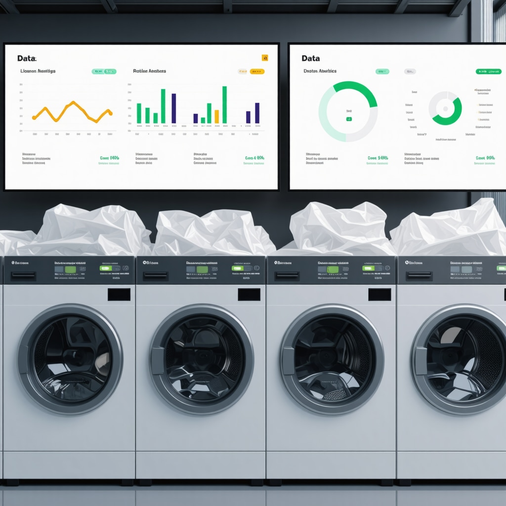 Biodegradable laundry bags with IoT sensors and AI analytics dashboards in a laundry service setting