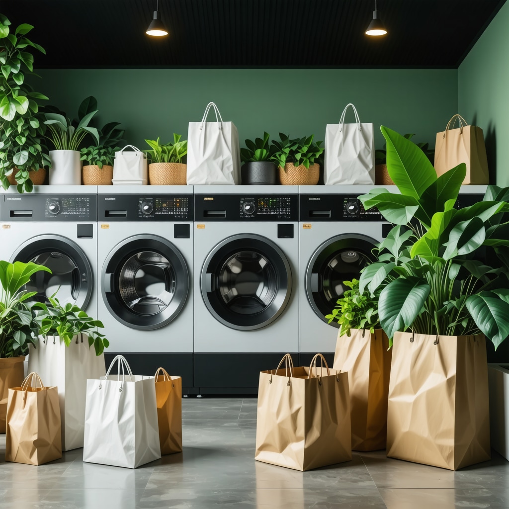 High-tech laundry machines and reusable bags highlighting sustainable laundry pickup and delivery