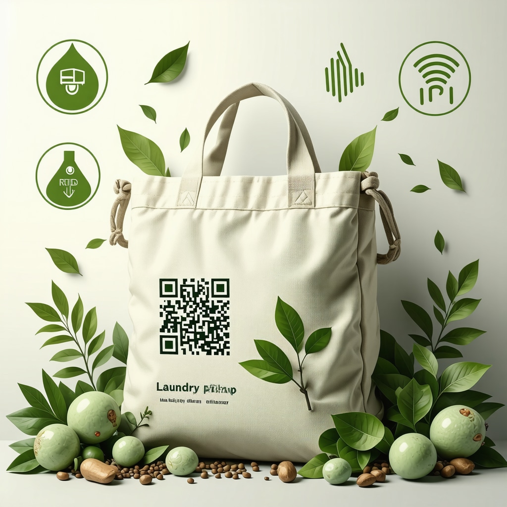 Eco-friendly laundry bag with QR code and RFID tag alongside allergy-free detergent symbols and green nature background