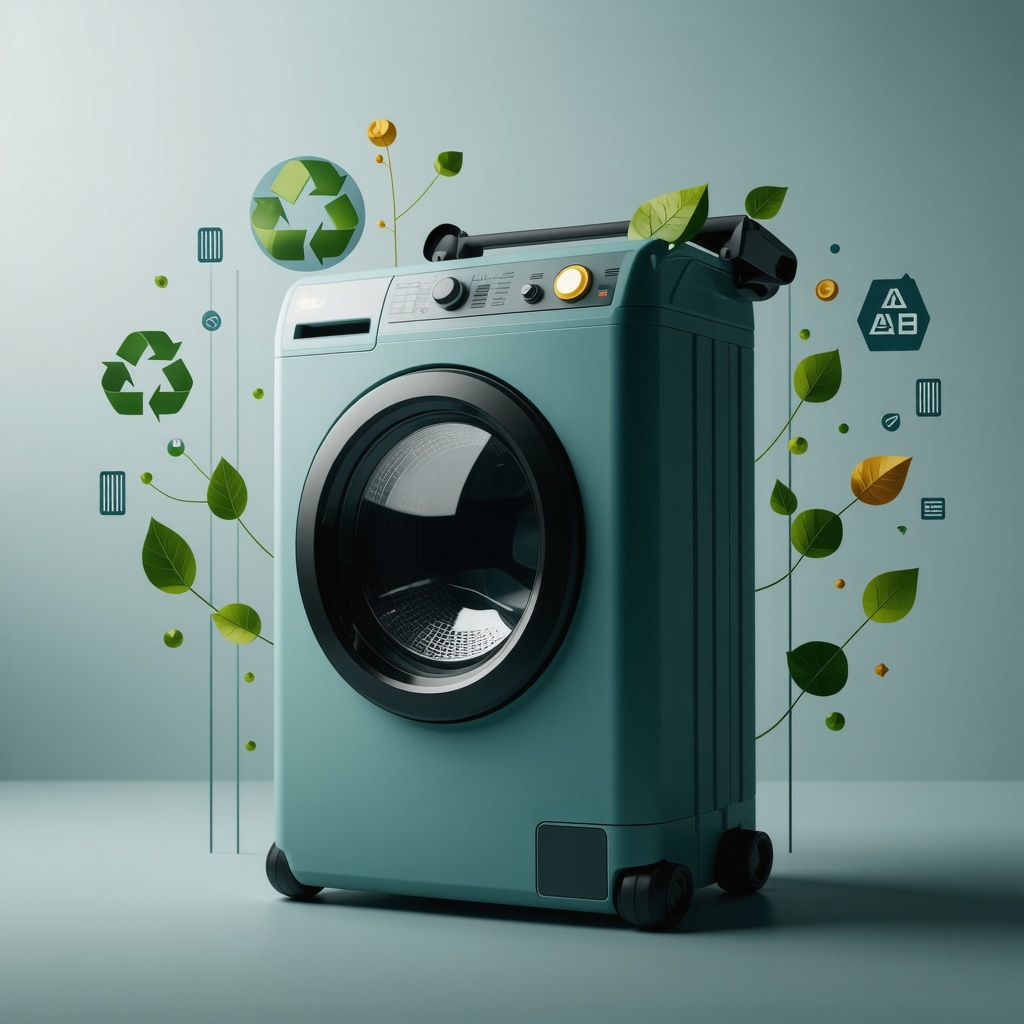 Illustration of a smart laundry pickup bag with IoT sensors and sustainable material icons