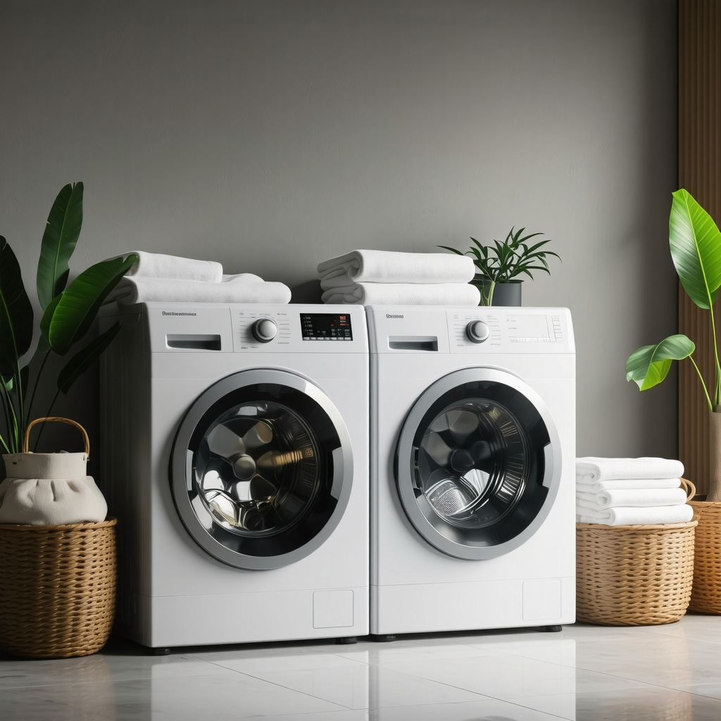 Illustration of smart home laundry system with AI scheduling and eco-friendly fabric care