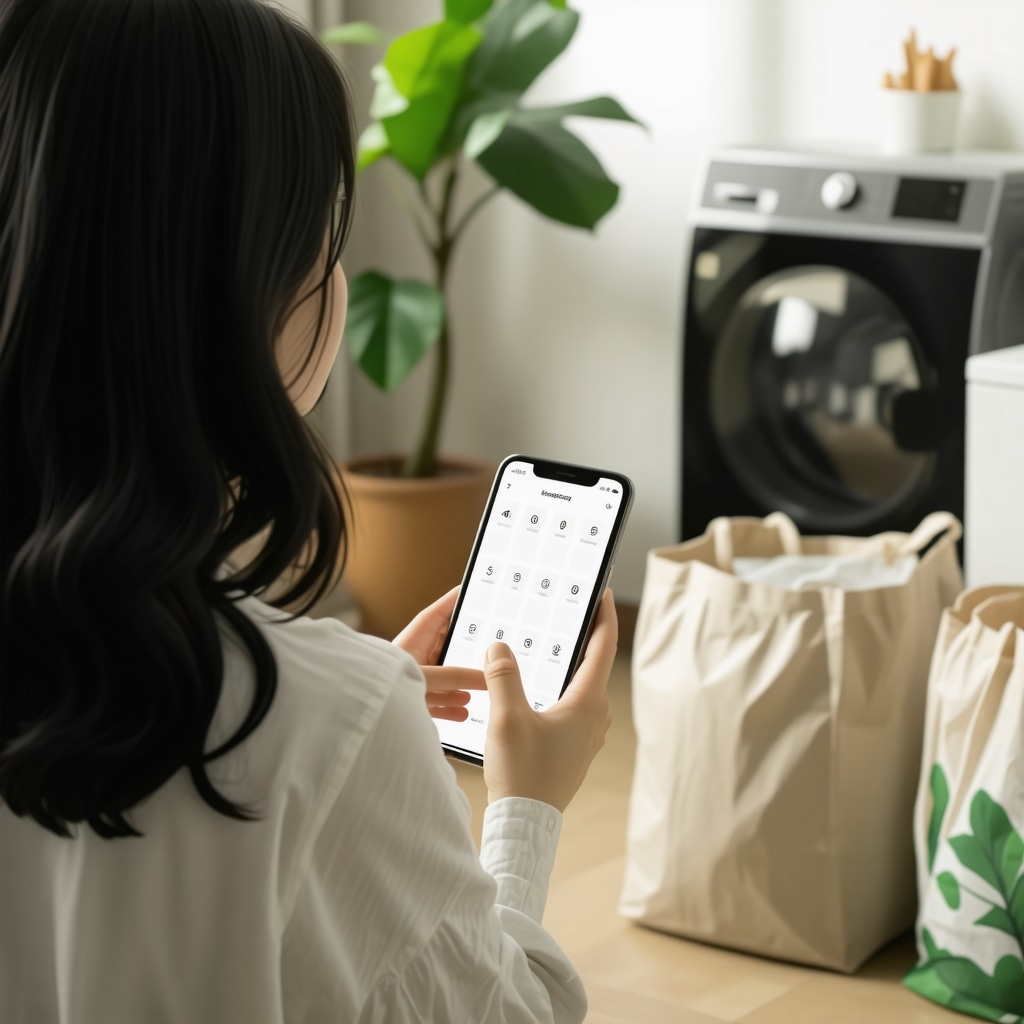 Busy mom scheduling laundry pickup using AI-powered app in a modern smart home