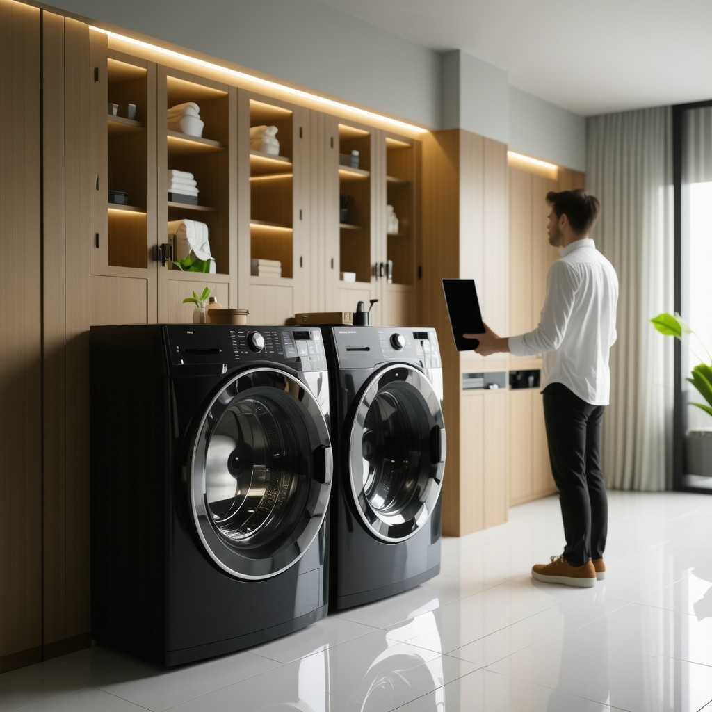Futuristic laundry room with robotic folding machine, smart lockers, and voice assistant device