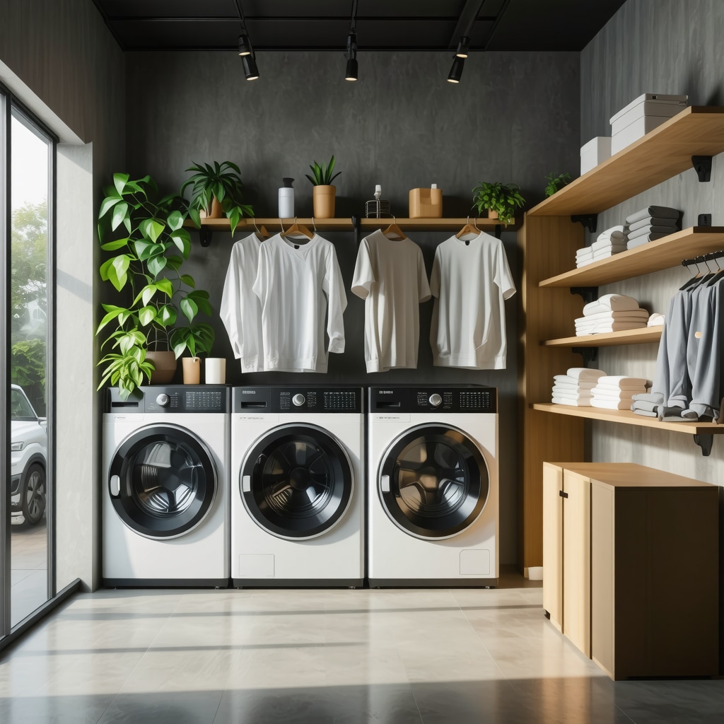 Futuristic smart home laundry room with connected appliances, robotic folding, and eco-friendly features