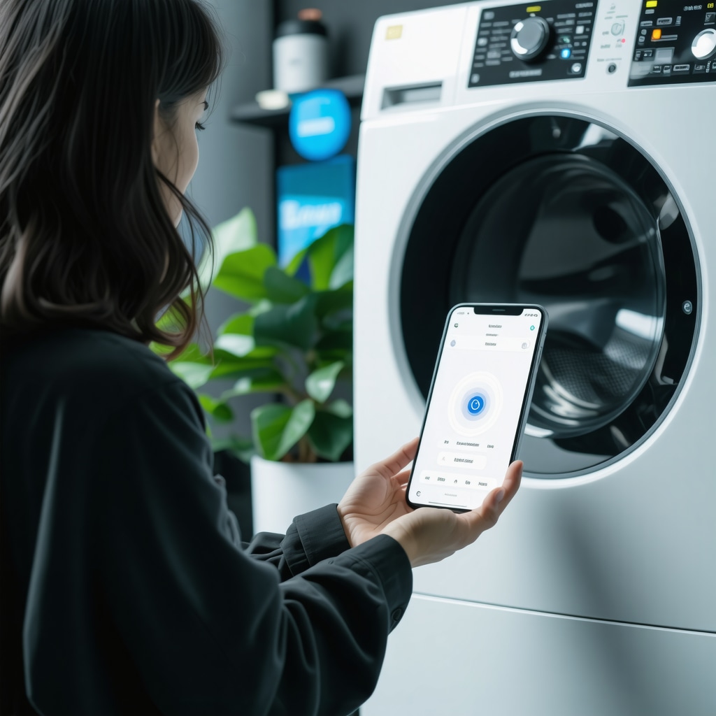 Person using voice command in smart home to schedule laundry pickup with AI and blockchain icons displayed on screen
